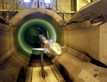A model of the Space Shuttle Orbiter in the 16-Foot Transonic Tunnel, USA, ca. 1978.  Creator: NASA.
