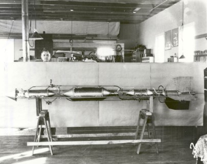 Henry Sachs with Robert Goddard's Rocket in New Mexico, USA, 1930. Creator: NASA.