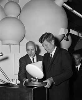 Gilruth presents President Kennedy with a model of the Apollo spacecraft, 1960s. Creator: Unknown.