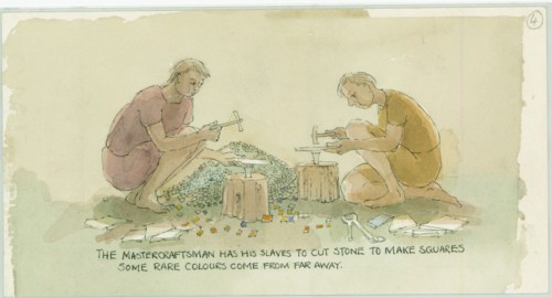 Two characters cutting stone to make small squares for the mosaicist, 2003. Creator: Judith Dobie.