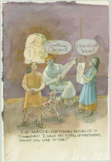 Two characters talking to a master craftsman and mosaicist, 2003. Creator: Judith Dobie.