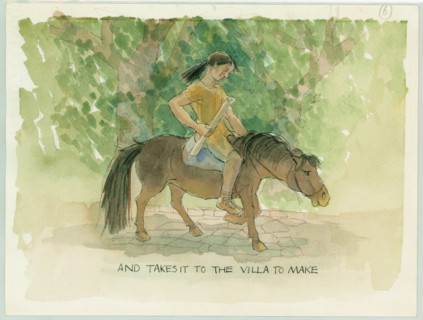 The master craftsman takes the designs for Julia's mosaic floor to the villa, 2003. Creator: Judith Dobie.