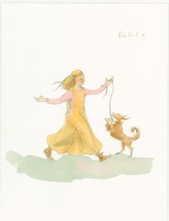 A medieval woman playing with a dog, 2004. Creator: Judith Dobie.