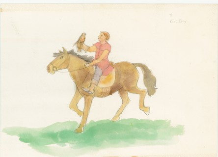 A medieval man, shown riding a horse with a bird of prey on his arm, 2004. Creator: Judith Dobie.