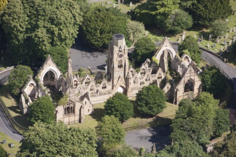 Derelict cemetery chapel at Flaybrick Memorial Gardens, Birkenhead, Wirral, 2015. Creator: Historic England.