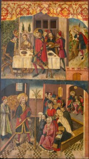Saint Christopher Taking Leave of the King Who Feared Satan; Saint Christopher and His Converts... Creator: Martín de Soria.