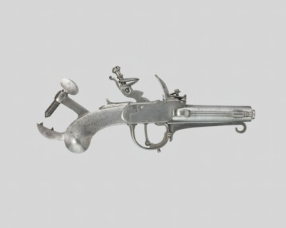 Flintlock Alarm-Trap Pistol, France, c. 1800. Creator: Unknown.