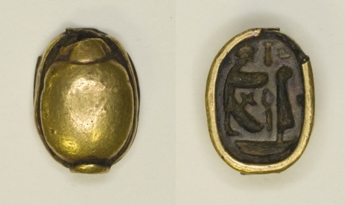 Scarab: Hieroglyphs and Figures (Re-Harakhti, nb- and ma'at signs), Egypt, New Kingdom... Creator: Unknown.