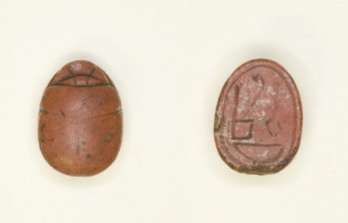 Scarab: Hieroglyphs (Red Crown, nfr- and nb-Signs: Trigramme of Amun), Egypt, New Kingdom... Creator: Unknown.