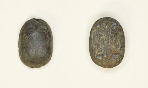 Scaraboid: Face Motif on Top; Two Figures Holding Flower on Base, Egypt, Second Intermediate... Creator: Unknown.