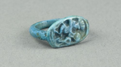 Ring: Figure of Bes playing frame drum, sa (protection) before him, Egypt, New Kingdom, Dynasty 18.. Creator: Unknown.