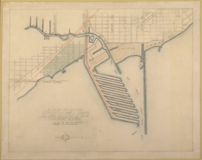 Plate 72 from The Plan of Chicago, 1909: Chicago. Sketch Diagram of Docks Suggested at the Mouth... Creator: Daniel Burnham.