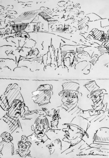 Landscape with Building (top) and Caricature Head Studies (bottom), 1874. Creator: Louis Sullivan.