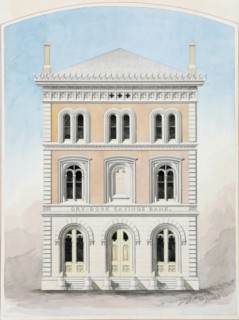 Dry Dock Savings Bank, New York City, New York, Competition Design Drawing, 1858. Creator: Peter Bonnett Wight.
