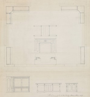 Library for R.A. McCurdy, Morris Plaines, New Jersey, Elevations of Mantel and Furniture, c. 1869. Creator: Peter Bonnett Wight.