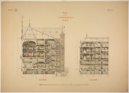 Rathskeller Neubau, Halle (Saale), Saxony-Anhalt, Germany, Two Sections, c. 1887. Creator: Peter Joseph Weber.