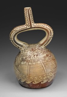 Stirrup Vessel with Fineline Painting Depicting a Figures in Reed Boat, 100 B.C./A.D. 500. Creator: Unknown.