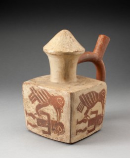 Square Handle Spout Vessel with Image of a Man Attacked by a Bird, 100 B.C./A.D. 500. Creator: Unknown.