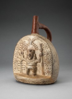 Handle Spout Vessel with Relief Depicting a Standing Figure, Holding Farming Tools, 100 B.C./A.D. 50 Creator: Unknown.