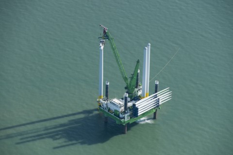 Construction of new wind turbine at Kentish Flats Offshore Wind Farm, 2015. Creator: Historic England.