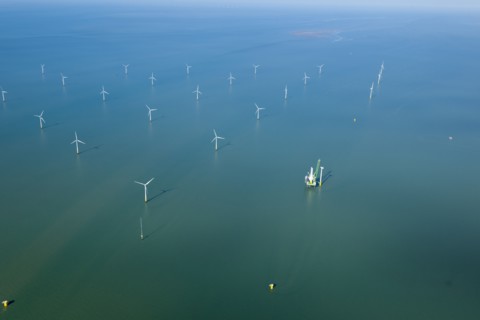 Construction of new wind turbine at Kentish Flats Offshore Wind Farm, 2015. Creator: Historic England.