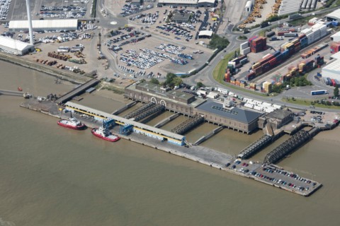 Tilbury Riverside Station and floating landing stage, Essex, 2018. Creator: Historic England.