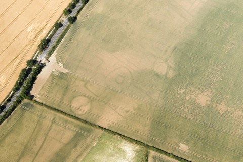 Iron Age settlement crop mark on the Yorkshire Wolds, near Settringham, North Yorkshire, 2018. Creator: Historic England.
