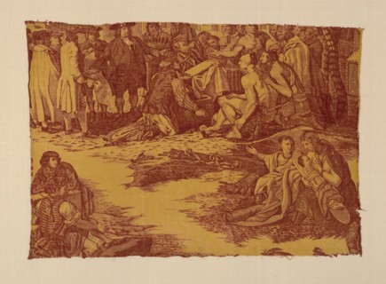 Fragment Entitled "William Penn's Treaty with the Indians", England, c. 1785. Quaker leader Penn in a meeting with Native Americans. After an engraving by John Hall after a painting by Benjamin West, ...