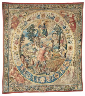 July, from The Medallion Months, Brussels, before 1528. Harvest scene with Runcina, the goddess of weeding or mowing in Roman mythology. In the circular frame are the signs of the zodiac. In the four ...