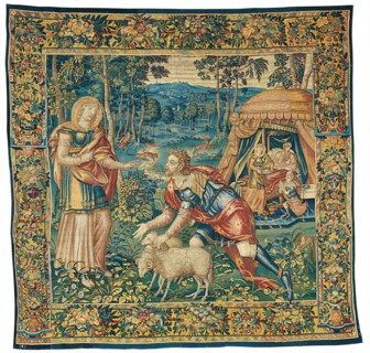 The Meeting of Jacob and Rebecca, and Isaac Blessing Jacob, from The Story of Jacob, Brussels, 1560/68. Woven at the workshop of Jan van Tieghem.