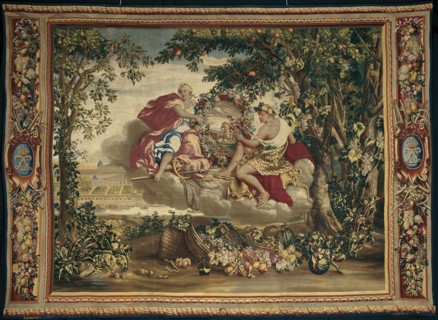 Autumn, from The Seasons, Paris, 1700/20. Diana and Bacchus float on a cloud, holding a floral wreath featuring a stag hunt. In the background is the Château de Saint-Germain-en-Laye, a royal retreat ...