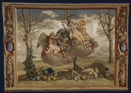 Winter, from The Seasons, Paris, 1700/20. Saturn (god of agriculture and time) and Juventas (cupbearer to the gods on Mount Olympus) floating on a cloud. Below are winter vegetables, a gun, nets and g...