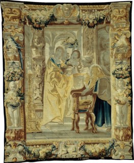 Tapestry (Four Servants), Flanders, c. 1650. Girl Offering Gifts, part of Telemachus Leading Theoclymenus to Penelope, from The Story of Odysseus. Woven at the workshop of Jan van Leefdael, after a de...