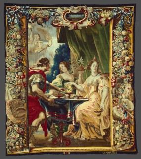 Cleopatra and Antony Enjoying Supper, from The Story of Caesar and Cleopatra, Brussels, c. 1680. Cleopatra dissolves a pearl in a cup of vinegar. Woven at the workshop of Gerard Peemans, after a desig...