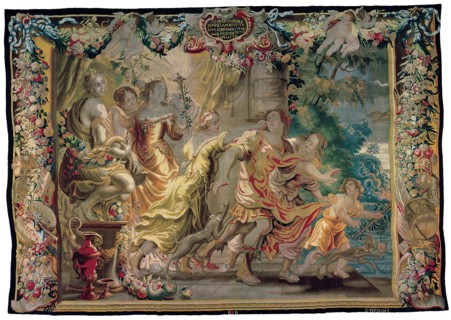 Clodius Disguised as a Woman, from 'The Story of Caesar and Cleopatra', Flanders, c. 1680. Woven at the workshop of Gerard Peemans, after a design by Justus van Egmont.