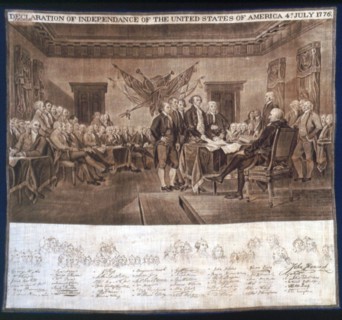 Declaration of Independance handkerchief, United States, c. 1876. 'Declaration of Independance of the Untited States of America 4th July 1776', with list of attendees below. After a painting by John T...