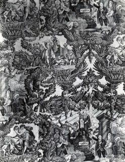 Garrick and Shakespeare with Tragedy and Comedy (Furnishing Fabric), England, c. 1790. Floral print with Shakespearean vignettes. Engraved by Caroline Watson after a painting by Robert Edge Pine.
