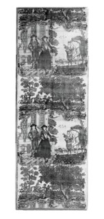 Panel (Furnishing Fabric), England, c. 1785. Lady and gentleman, turbanned groom with horses, riders and hunting dogs. After Daniel Mytens the elder, manufactured by Sir Robert Peel.