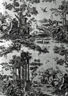 Panel (Furnishing Fabric), Middlesex, 1761. Pastoral scene with peacocks and ruins, one of the earliest examples of patterned fabric produced using copper plate printing. After etchings by Nicolaes Be...