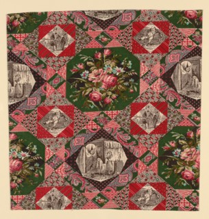 Fragment (Furnishing Fabric), England, After 1874. Floral print with vignette scenes from 'The Pickwick Papers' by Charles Dickens. After works by Hablot Knight Brown ('Phiz').