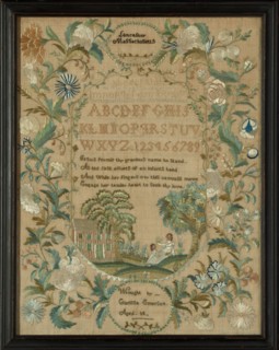 Sampler, Massachusetts, 1822/23. The verse is attributed to the hymn writer John Newton or Isaac Watts. The maker was 14 years old.