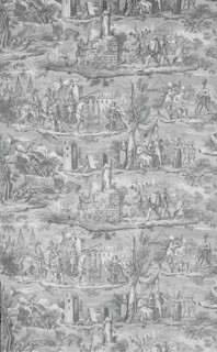 La Vie de Jeanne d'Arc (The Life of Joan of Arc) (Furnishing Fabric), Bolbec, after 1817. Joan, wearing armour, conquers Britannia; Joan is burned at the stake. Designed by Charles Abraham Chasselat, ...