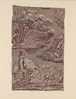La Vie de Jeanne d'Arc (The Life of Joan of Arc) (Furnishing Fabric), France, c. 1815. Joan, wearing armour, conquers Britannia; Joan is burned at the stake. Designed by Charles Abraham Chasselat, pos...