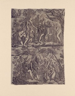 Le Romance du Cortés (The Song of Cortez) (Furnishing Fabric), Nantes, 1815. 'Cortez Recevoie une Esclave Sans Rançon', [Cortez Recieves a (female) Slave with no Ransom]; 'Cortez Refuse les presens de...