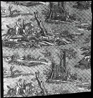 La Route de Jouy (The Road to Jouy) (Furnishing Fabric), France, 1815. Designed by Horace Vernet, engraved by Pierre Guillaime Lemeunnie, manufactured by Oberkampf Manufactory.