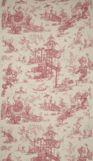 Panel (Furnishing Fabric), Nantes, c. 1786. Chinese-inspired pattern with teahouses, pagodas, exotic birds and nobles being carried in litters. Designed by Jean Baptiste Huët after Jean Baptiste Pille...