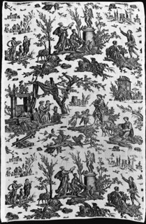 Le Sacrifice à l'Amour (Offrande à l'Amour) (Furnishing Fabric), France, c. 1795. Sacrifice/offering to Love: rustic scenes with shepherd and shepherdess offering a lamb before a statue of Cupid; bagp...