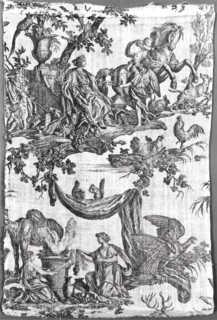 Les Quatre Parties du Monde (Four Quarters of the Globe) (Furnishing Fabric), France, c. 1785. Cupid presenting a miniature building to a woman in a crown; chickens and squirrels; vestal virgins makin...