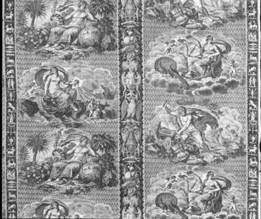 The Elements (Furnishing Fabric), Munster, c. 1810. Vulcan at his forge representing Fire; sea goddess on a shell pulled by dolphins representing Water; chariot pulled by peacocks representing Air; ma...