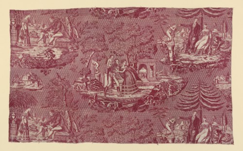 Panel (Furnishing Fabric), France, c. 1820. Pattern of couples in garden settings. One of the vignettes shows a funerary monument inscribed 'Ici Repose l'Epouse de Fiz-Henri', [Here lies the wife of F...